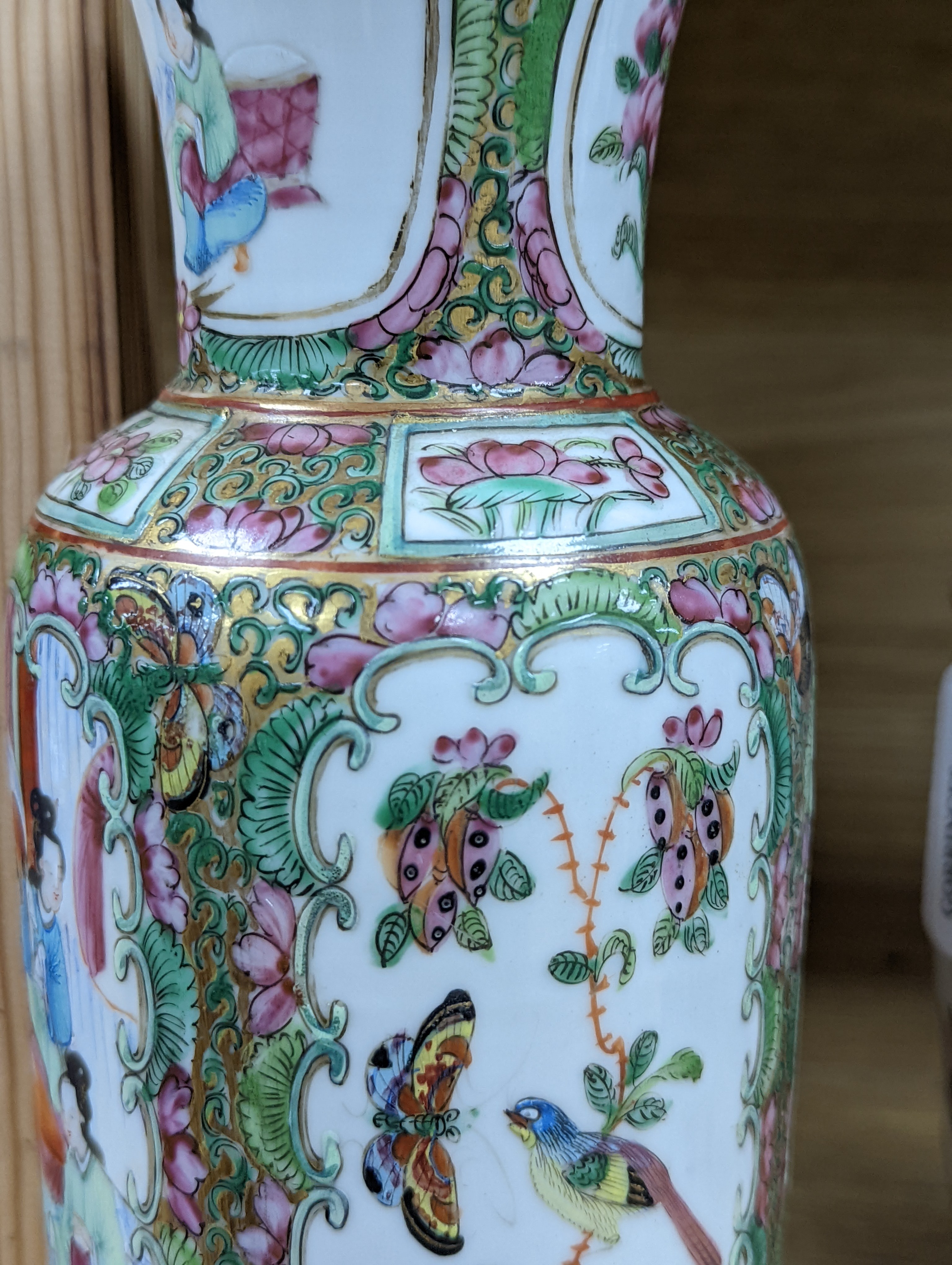 Two Chinese famille rose vases, late 19th century, tallest 26 cm, one wood stand, some restoration